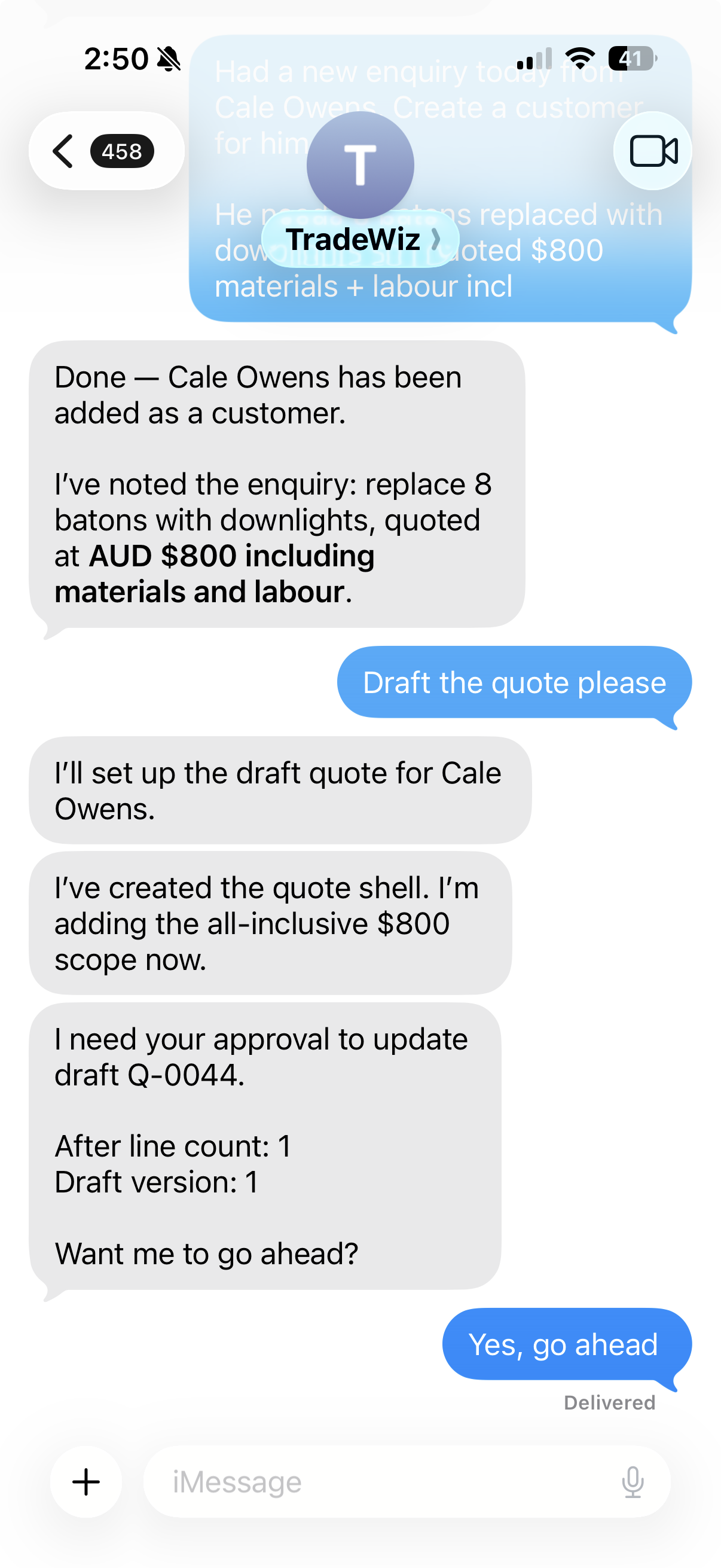 TradeWiz conversation in iMessage